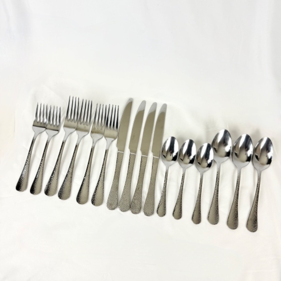 16 pc Godinger Hammered Classic Stainless Steel Flatware Forks Spoons Knives - Picture 12 of 12